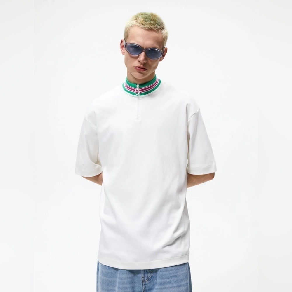 Zara - White Colorful Collar Stripe Zip Up Short Sleeve Polo Size Small